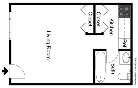 Floor plan for studio, 1 bath, 288 sqft